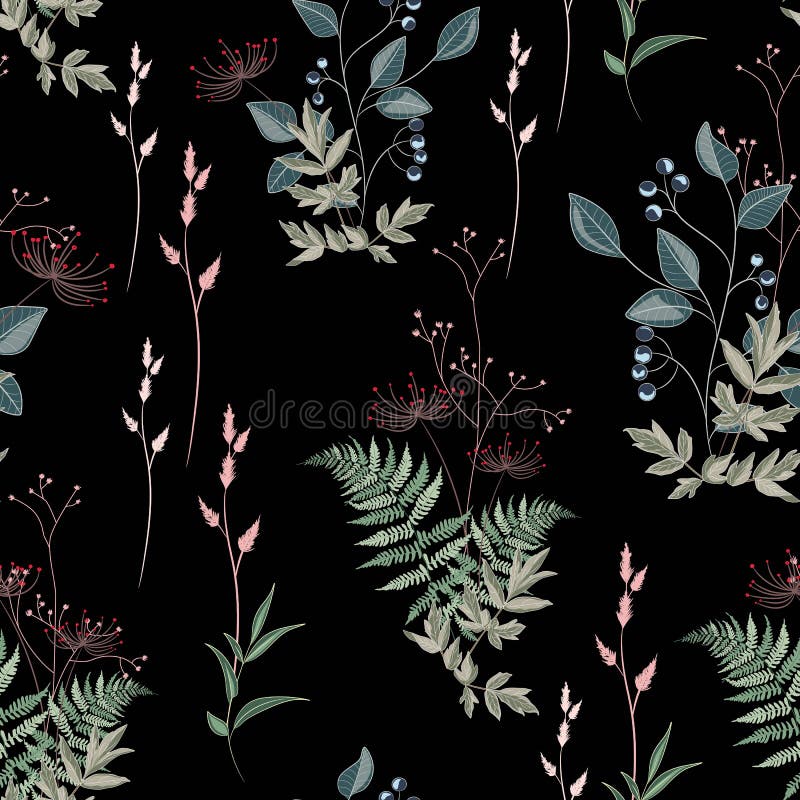 Modelo inconsútil floral del vector con las flores, las hierbas, las hierbas, las hojas y la rama salvajes del prado de bayas libre illustration Modelo inconsútil floral del vector con las flores, las hierbas, las hierbas, las hojas y la rama salvajes del prado de bayas libre illustration