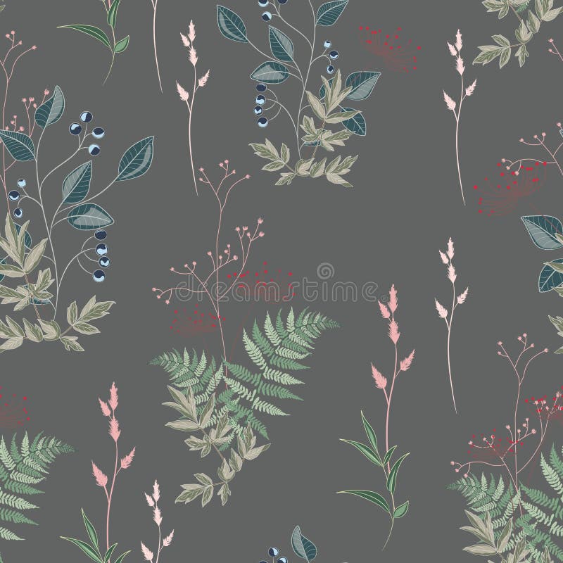 Modelo inconsútil floral del vector con las flores, las hierbas, las hierbas, las hojas y la rama salvajes del prado de bayas stock de ilustración Modelo inconsútil floral del vector con las flores, las hierbas, las hierbas, las hojas y la rama salvajes del prado de bayas stock de ilustración