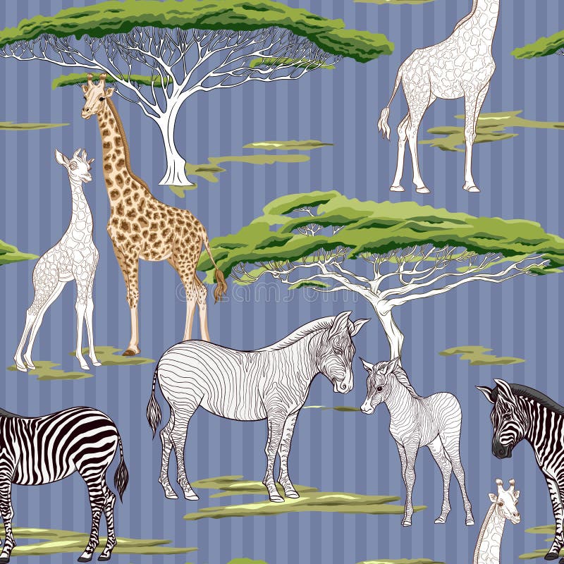 Modelo inconsútil, fondo con la cebra adulta y jirafa y cebra y cachorros de la jirafa Ilustración del vector stock de ilustración Modelo inconsútil, fondo con la cebra adulta y jirafa y cebra y cachorros de la jirafa Ilustración del vector stock de ilustración