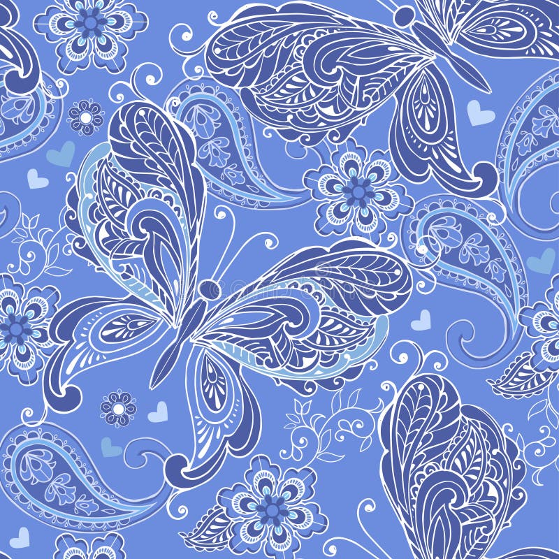 Modelo inconsútil lindo con las mariposas y los corazones decorativos y Paisley en azul El vintage florece el ornamento inconsúti ilustración del vector Modelo inconsútil lindo con las mariposas y los corazones decorativos y Paisley en azul El vintage florece el ornamento inconsúti ilustración del vector