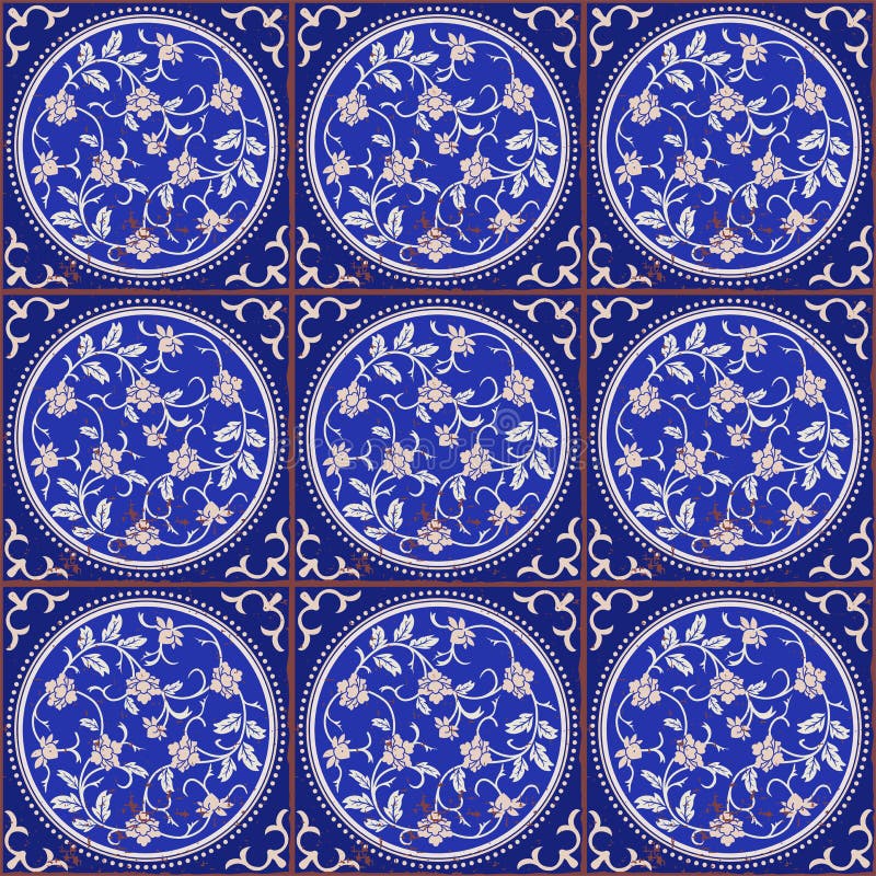 Modelo inconsútil magnífico de tejas chinas Fondo elegante floral en sombras del azul stock de ilustración Modelo inconsútil magnífico de tejas chinas Fondo elegante floral en sombras del azul stock de ilustración