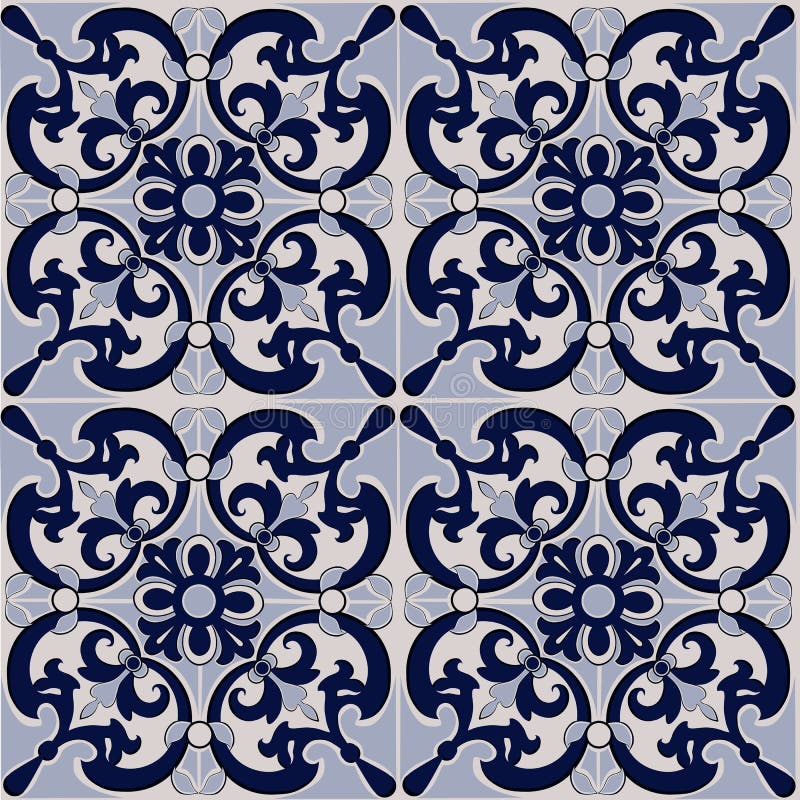 Modelo inconsútil magnífico del remiendo de las tejas azul marino y blancas, ornamentos ilustración del vector Modelo inconsútil magnífico del remiendo de las tejas azul marino y blancas, ornamentos ilustración del vector
