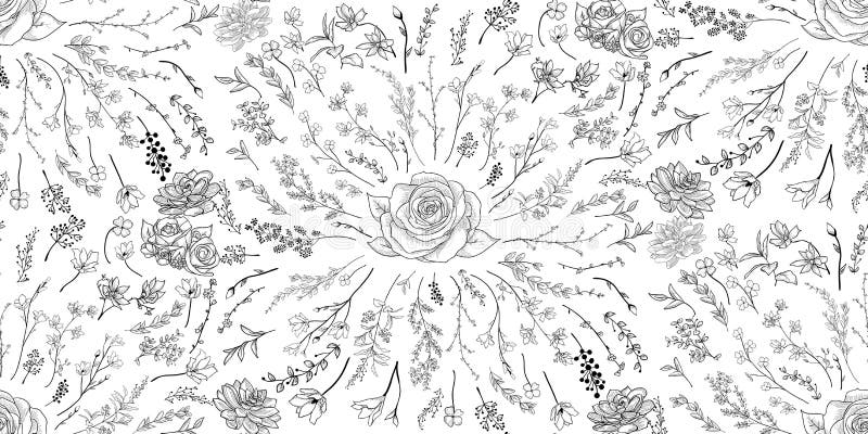 Modelo inconsútil negro del vector con las flores exhaustas, ramas, plantas libre illustration Modelo inconsútil negro del vector con las flores exhaustas, ramas, plantas libre illustration