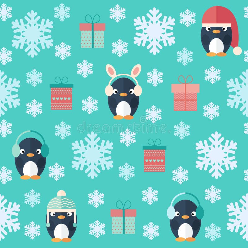 Modelo inconsútil plano de la Navidad con los regalos y los pingüinos stock de ilustración Modelo inconsútil plano de la Navidad con los regalos y los pingüinos stock de ilustración