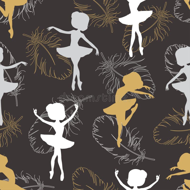 Pattern with silhouette of ballerinas and feather of swan. Retro seamless pattern. Hand drawn illustration. Pattern with silhouette of ballerinas and feather of swan. Retro seamless pattern. Hand drawn illustration.