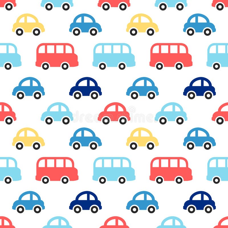 Modelo inconsútil retro lindo del muchacho con los coches y los autobuses coloridos ilustración del vector Modelo inconsútil retro lindo del muchacho con los coches y los autobuses coloridos ilustración del vector