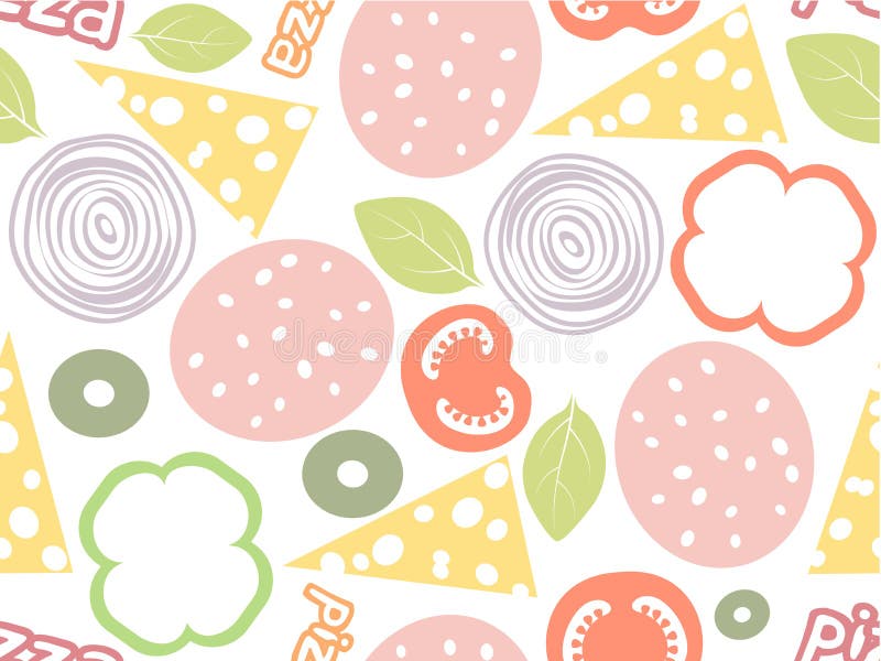 Modelo inconsútil simple de los ingredientes de la pizza Fondo blanco con diverso salami del color, queso, seta, aceituna, albaha ilustración del vector