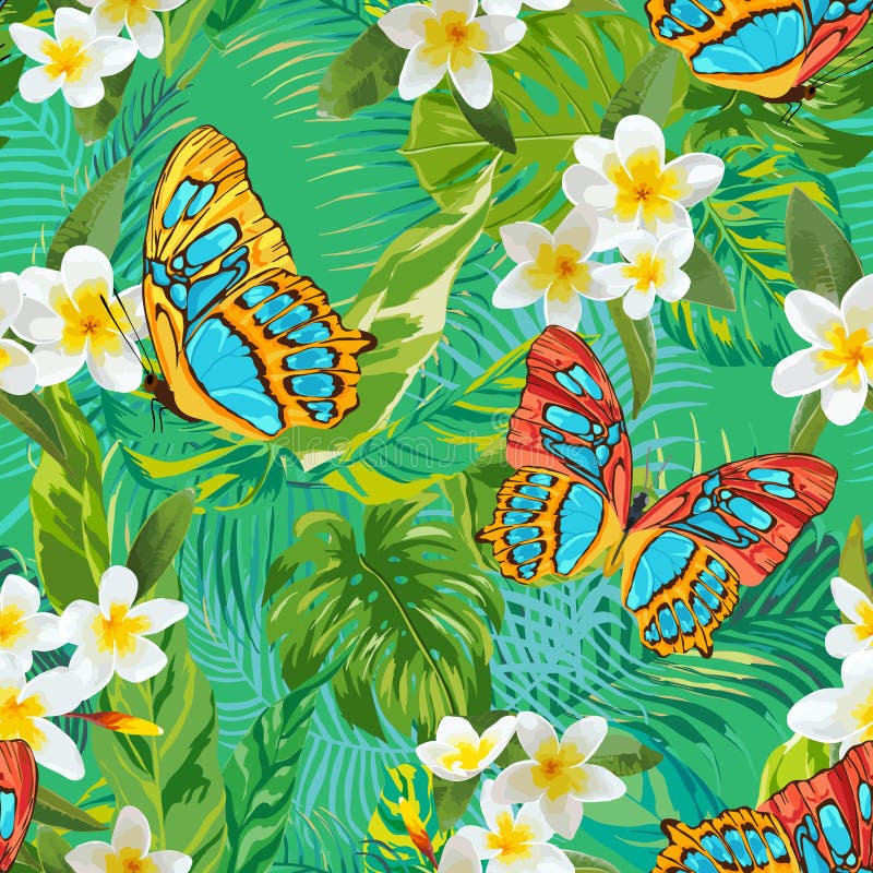 Modelo inconsútil tropical con las flores y las mariposas Hojas de palma ilustración del vector Modelo inconsútil tropical con las flores y las mariposas Hojas de palma ilustración del vector