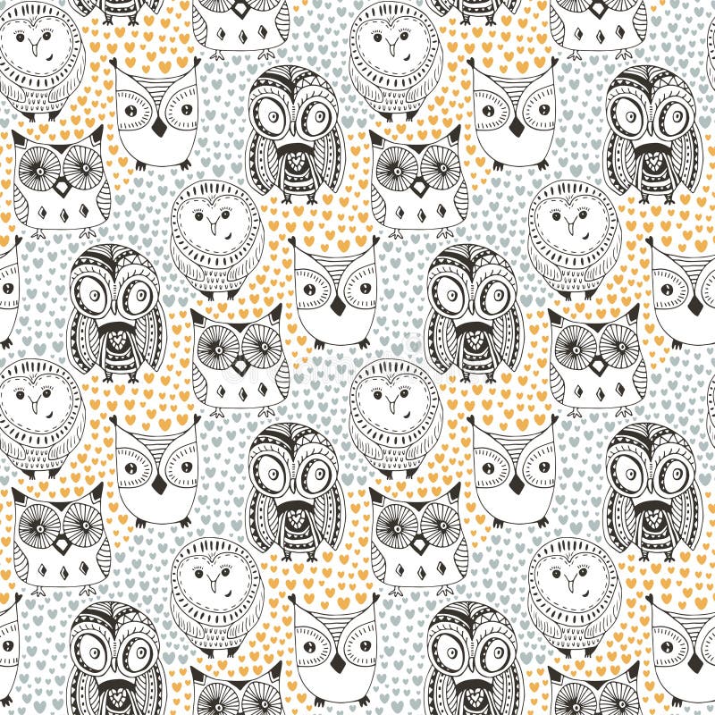 Modelo infantil con el búho divertido Pájaros lindos inconsútiles dibujados mano del garabato Fondo del vector para la impresión ilustración del vector Modelo infantil con el búho divertido Pájaros lindos inconsútiles dibujados mano del garabato Fondo del vector para la impresión ilustración del vector