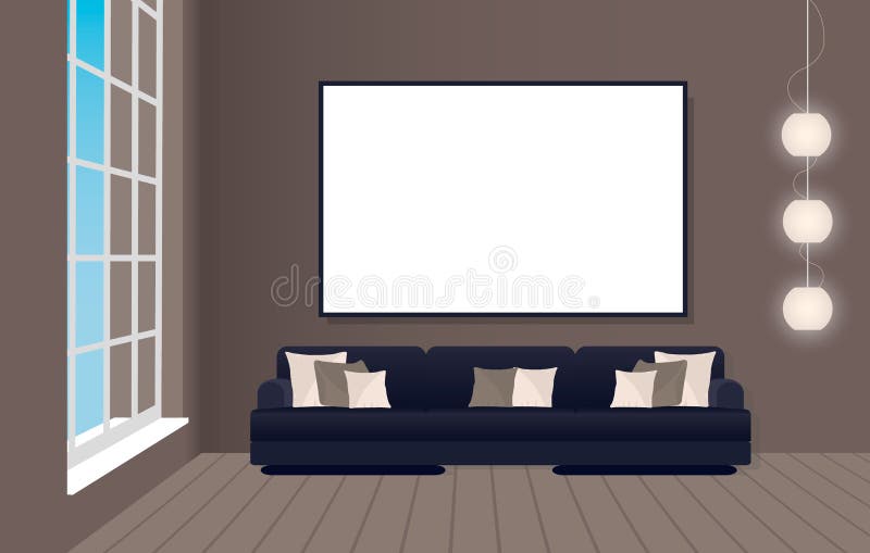 Modelo interior no estilo do sótão com sofá e quadro vazio Conceito de projeto do moderno ilustração do vetor Modelo interior no estilo do sótão com sofá e quadro vazio Conceito de projeto do moderno ilustração do vetor