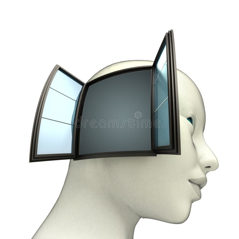 Modelo isolado da cabeça humana com a janela aberta no conceito lateral da ideia ilustração stock Modelo isolado da cabeça humana com a janela aberta no conceito lateral da ideia ilustração stock