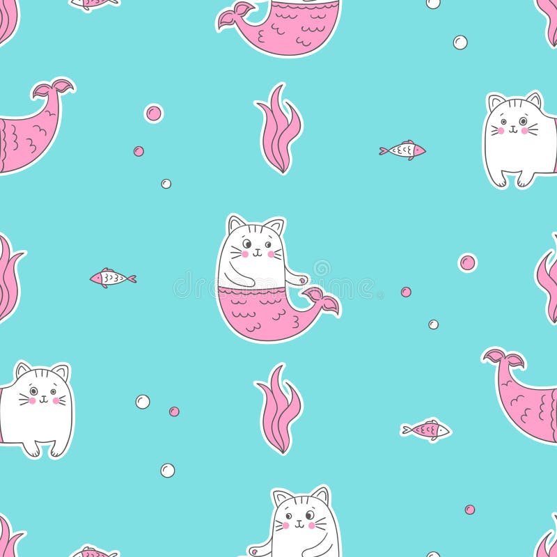 Modelo lindo inconsútil de la sirena del gato stock de ilustración Modelo lindo inconsútil de la sirena del gato stock de ilustración