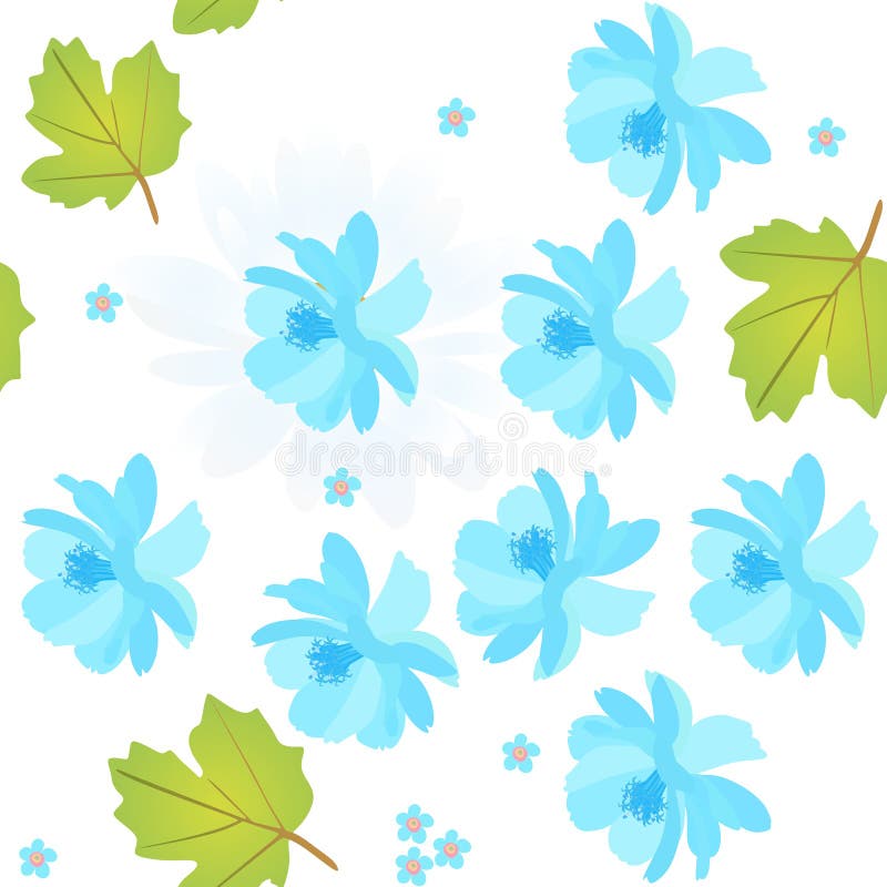 Modelo natural inconsútil con cosmos azul y olvidarme no flores, hojas del viburnum en el fondo blanco Diseño del vector de la pr ilustración del vector Modelo natural inconsútil con cosmos azul y olvidarme no flores, hojas del viburnum en el fondo blanco Diseño del vector de la pr ilustración del vector