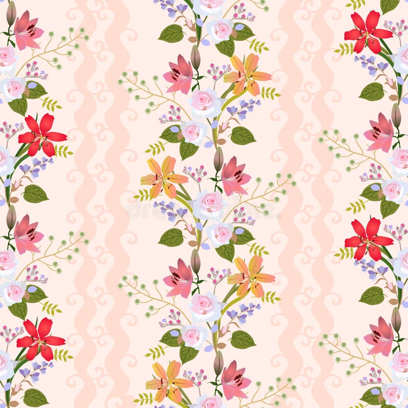 Modelo natural inconsútil con la guirnalda floral romántica de lirios, de rosas, de flores de campana, de brotes del spirea y de libre illustration Modelo natural inconsútil con la guirnalda floral romántica de lirios, de rosas, de flores de campana, de brotes del spirea y de libre illustration