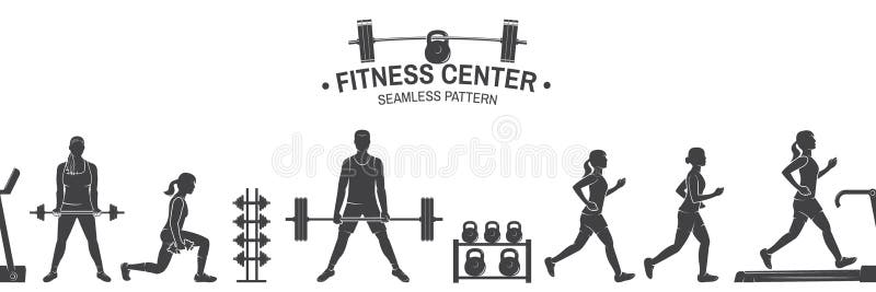 Fitness center seamless pattern or background. Vector illustration. For design fitness centers, gyms. Girl running, girl workout with barbell and do deadlifts. Gym wallpaper. Fitness center seamless pattern or background. Vector illustration. For design fitness centers, gyms. Girl running, girl workout with barbell and do deadlifts. Gym wallpaper.