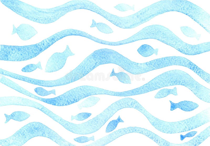 Modelo ondulado azul de la acuarela con los pescados ilustración del vector Modelo ondulado azul de la acuarela con los pescados ilustración del vector