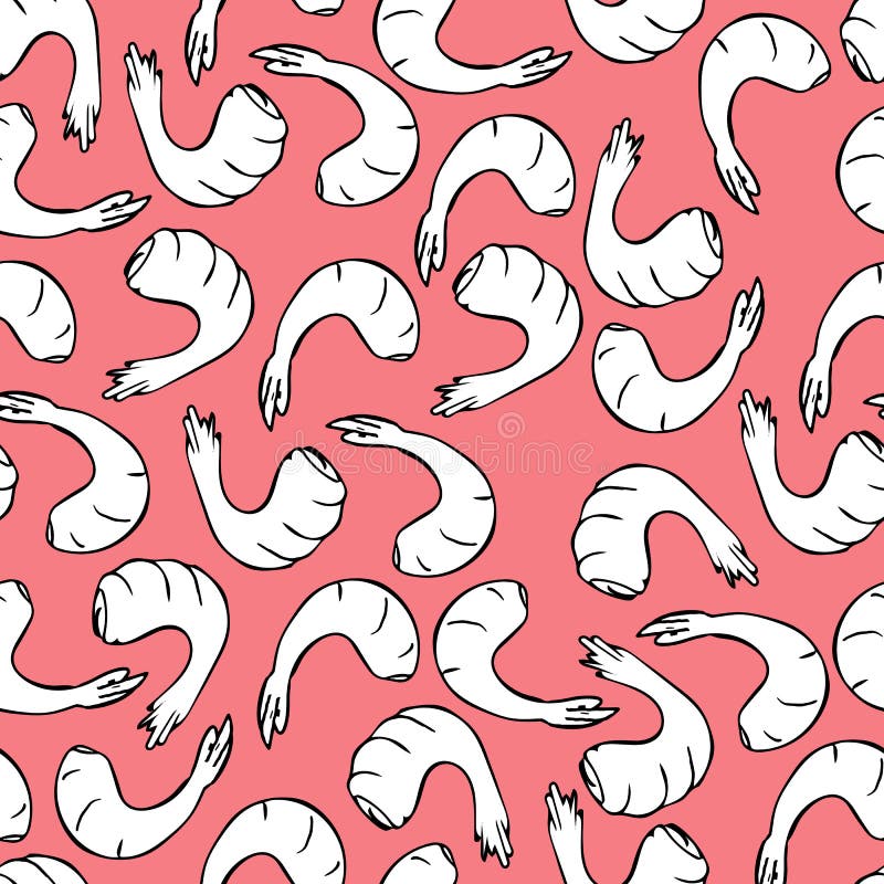 Modelo seamless. Blackwhite de camarón que dibuja sobre un fondo de color rosa. Vector. Adecuado para los elementos de diseño con un tema de la cocina.