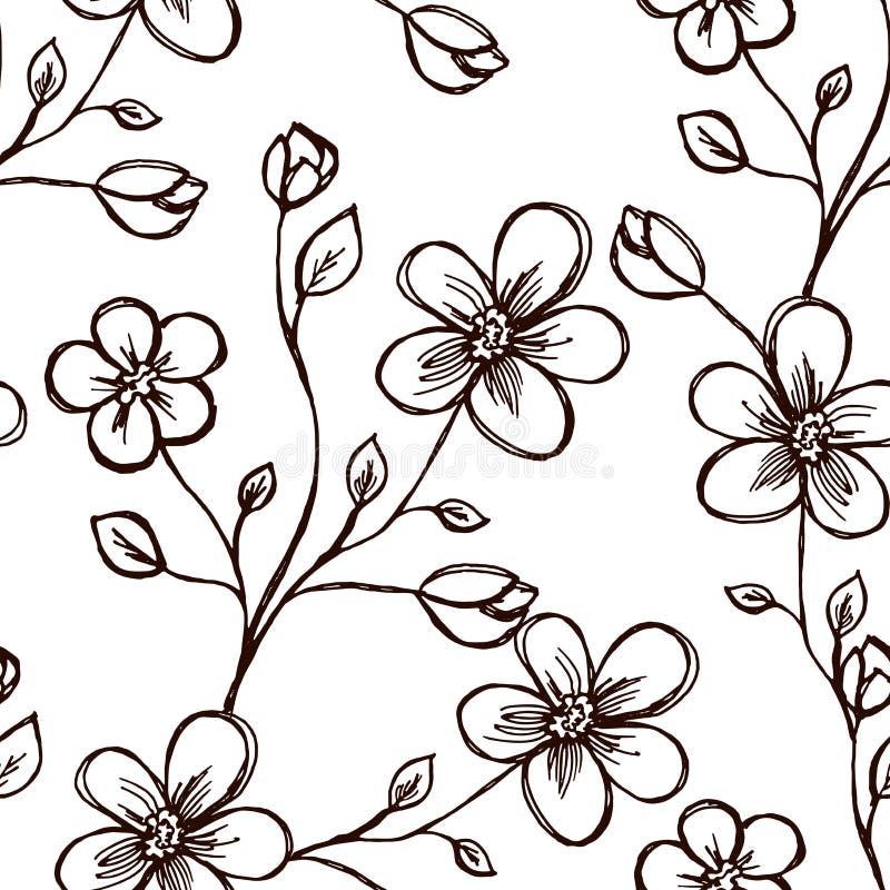 Modelo seamless. Puntilla con flores. Dos flores y un brote. En el fondo blanco. Esquema de color marrón. Elemento decorativo. Vec libre illustration