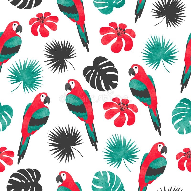 Modelo tropical brillante inconsútil de moda con los loros y las hojas de palma de la acuarela stock de ilustración Modelo tropical brillante inconsútil de moda con los loros y las hojas de palma de la acuarela stock de ilustración