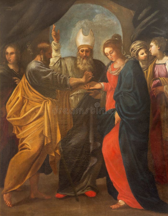 MODENA, ITALY - APRIL 14, 2018: The painting of Wedding of Virgin Mary and St. Joseph in church Chiesa di San Bartolomeo stock images MODENA, ITALY - APRIL 14, 2018: The painting of Wedding of Virgin Mary and St. Joseph in church Chiesa di San Bartolomeo stock images