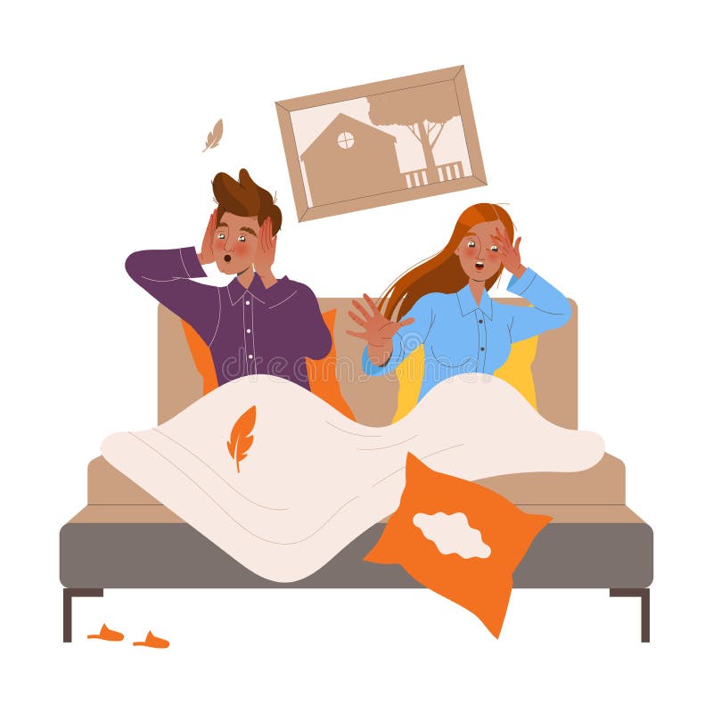 Moder- och faderkaraktär i sängen chockad av kaos och kaos kring vektorillustration. vektor illustrationer
