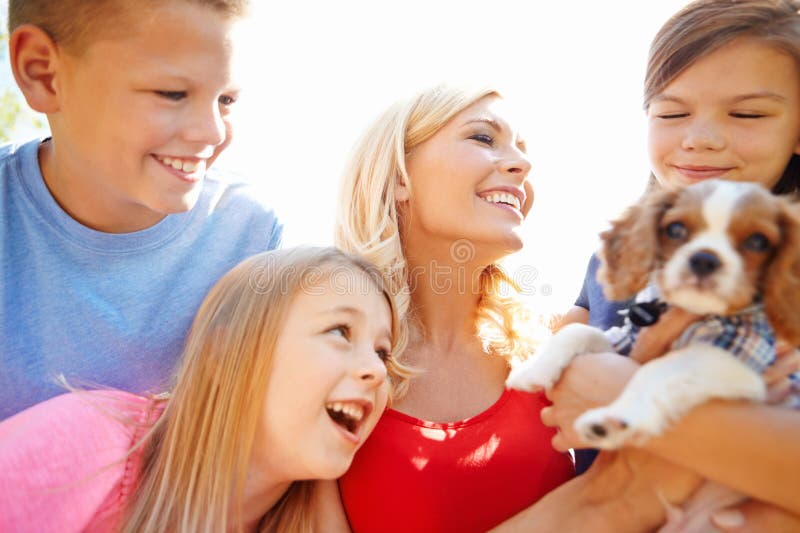 Moderbarn och upphetsade utomhus med hundens nya husdjur och glad över adoptionsgodkännande. lyckliga barn eller arkivbild