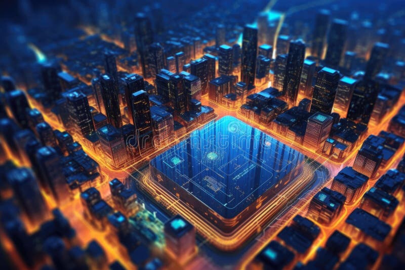 Moderkort med cpu-processor i form av en abstrakt extrem stängning av digital stad. generativ ai.