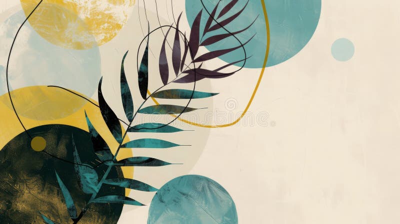Modern Abstract Art with Tropical Foliage and Colorful Circular Patterns for Wall Decor and Design Projects. A modern abstract art piece featuring tropical foliage set against a backdrop of overlapping circular patterns in shades of teal, yellow, and navy. the textured elements and playful color palette create a vibrant and contemporary design suitable for wall decor and various design projects. AI generated