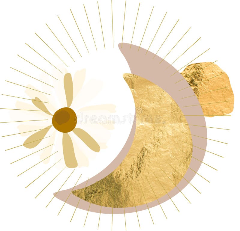 Modern abstract boho flower and moon illustration with gold foil sun star icon isolated in white background