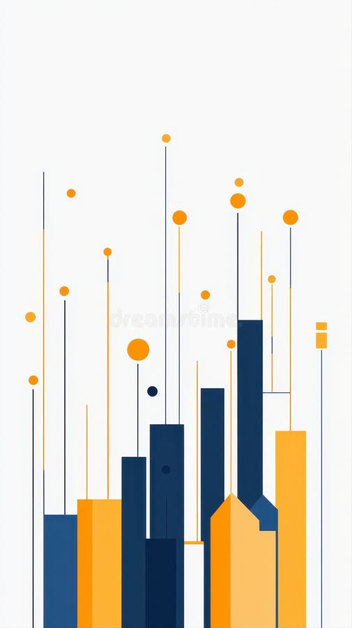 Modern abstract digital data visualization with fluctuating bar graphs and vibrant orange and blue lines and dots vector illustration