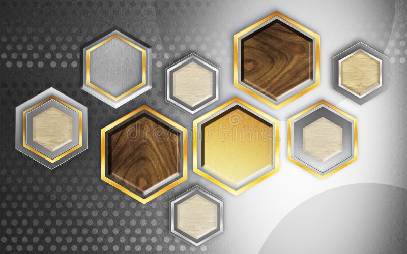 Modern abstract wallpaper . 3d illustration wooden and golden Hexagonal shape in silver background .