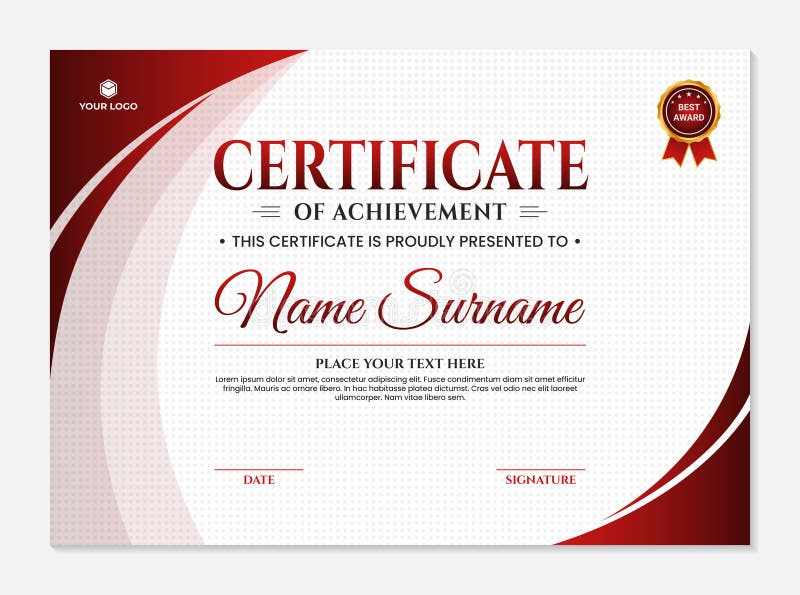 Modern achievement certificate template with elegant simple curved red background stock illustration