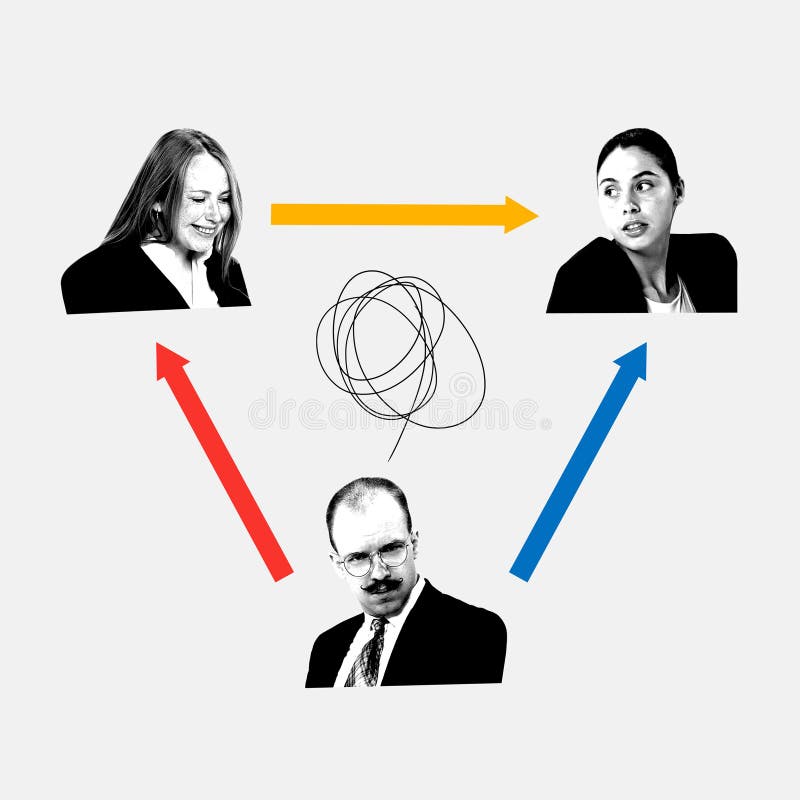 Modern aesthetic artwork. Three people with arrows in triangle talking and discussing while working in team on project royalty free illustration