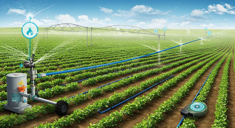 A modern agricultural field features an advanced irrigation system. Rows of lush royalty free illustration