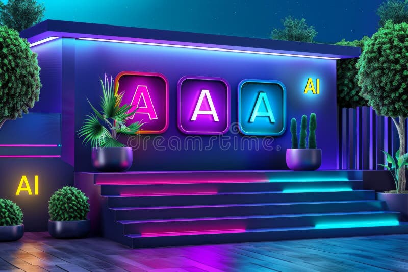 Modern AI powered neon sign on building, blending technology and urban aesthetics in a vibrant, high tech, and colorful citysca royalty free illustration