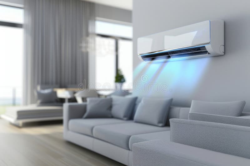 Modern Air Conditioner in a Living Room Interior with Sofa. Stock Photo