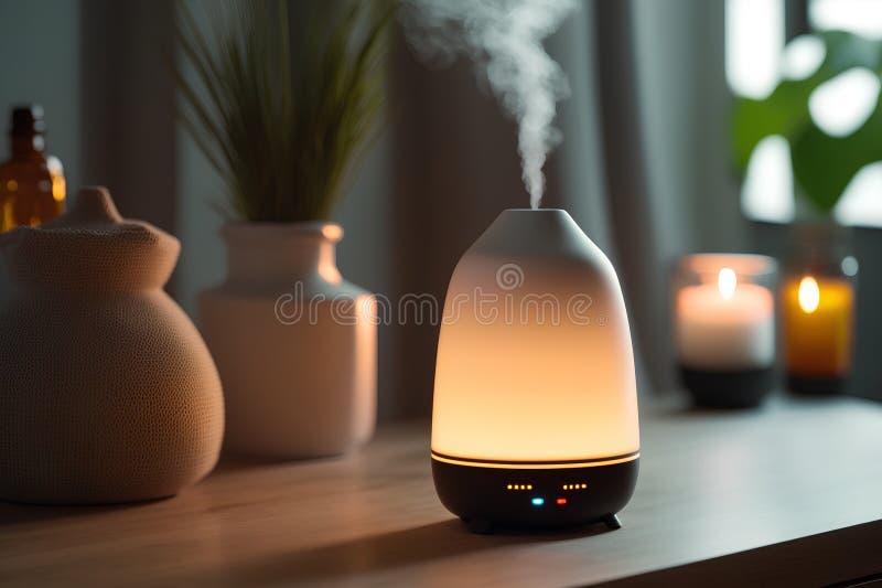 Modern Air Humidifier with Burning Candles on the Table in the Room
