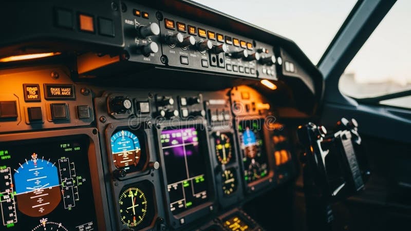 Modern Airplane Cockpit Controls with Illuminated Panels and Dials vector illustration