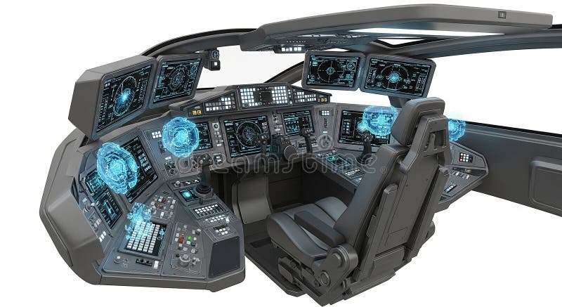 Modern airplane cockpit interior with digital displays showing aircraft engine data and flight instrumentation in 3D rendering stock illustration