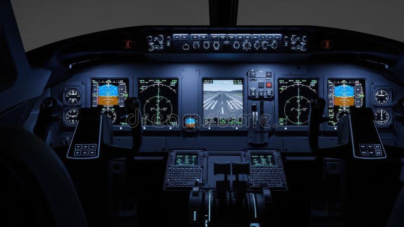 Modern Airplane Cockpit at Night vector illustration