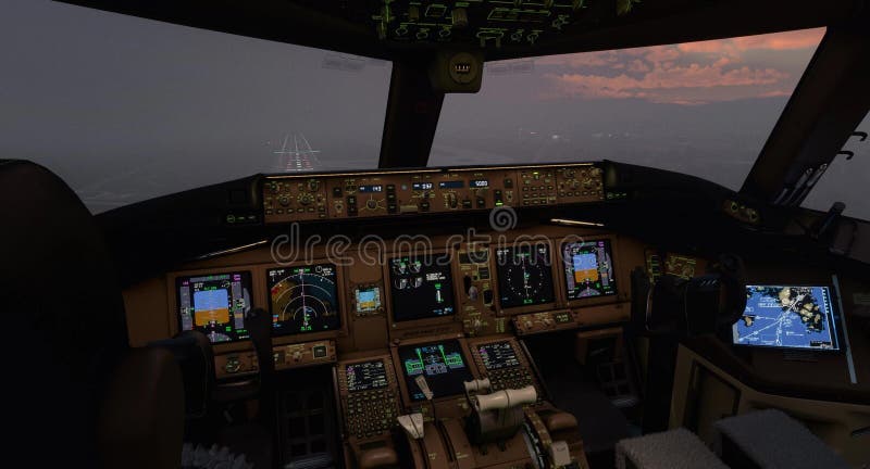 Modern Airplane Cockpit View at Dusk. vector illustration