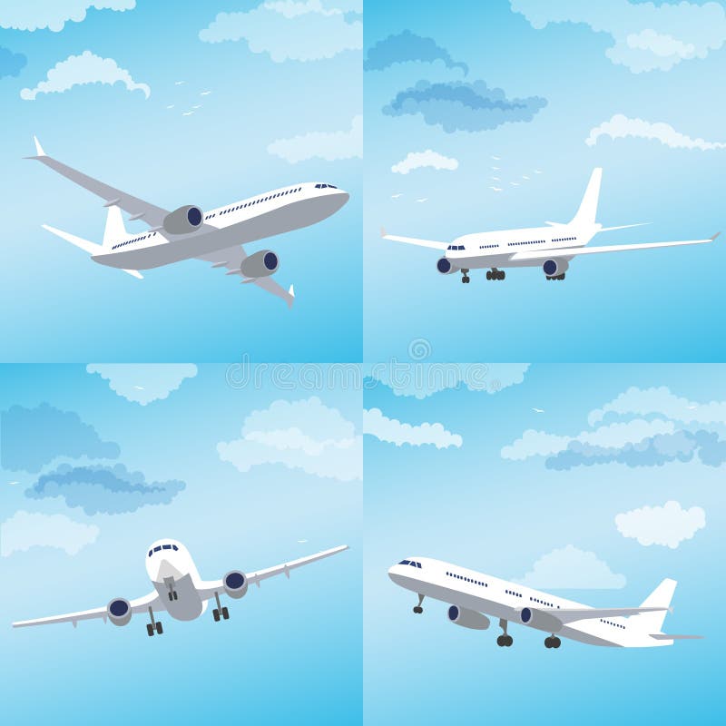 Modern airplane flying through clouds, set. Vector stock illustration