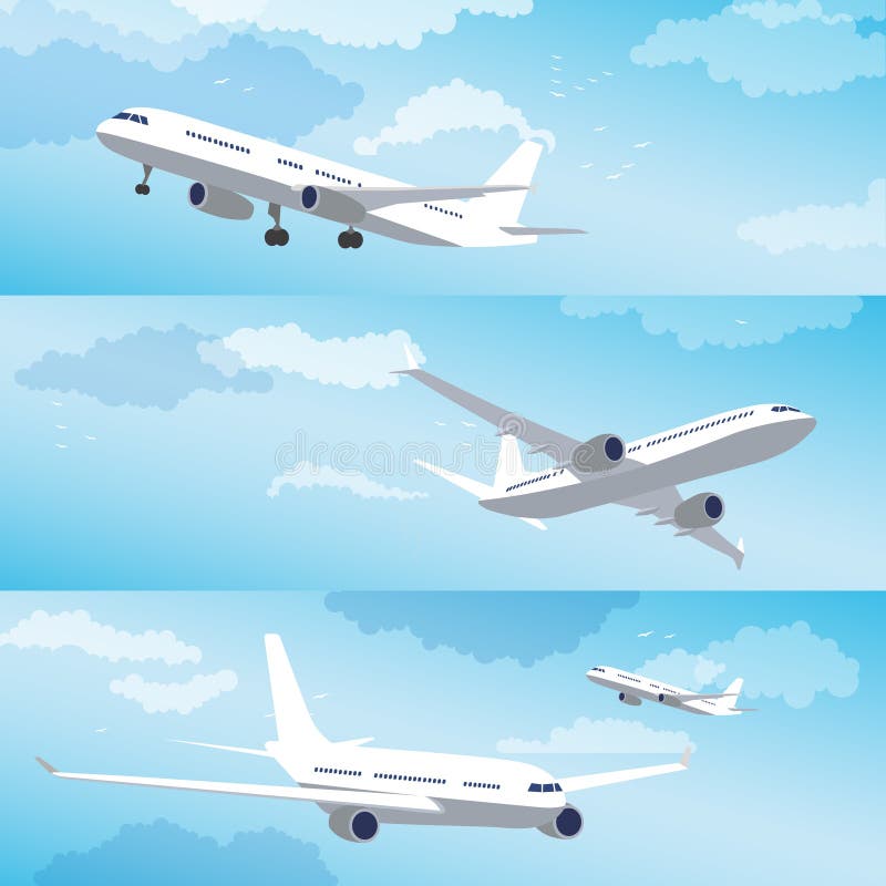 Modern airplane flying through clouds, set. Vector vector illustration