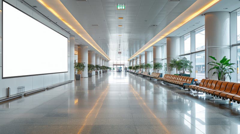 Modern airport terminal interior with blank billboard and empty chairs in the waiting area royalty free illustration