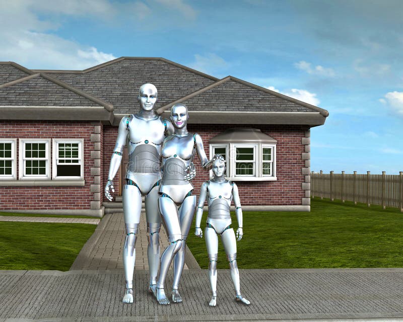 Modern Android robot Familiy och grannskaphem vektor illustrationer Modern Android robot Familiy och grannskaphem vektor illustrationer