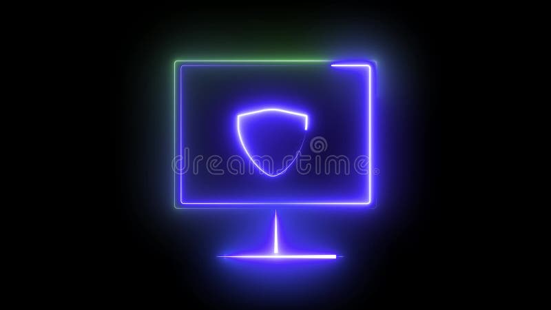Modern animated neon outline of a computer with a shield symbolizing stock illustration.