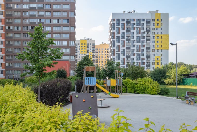 Modern apartment building with colorful facades on the outskirts of the city. Residential Complex `In the forest`, Moscow, Russi stock photo Modern apartment building with colorful facades on the outskirts of the city. Residential Complex `In the forest`, Moscow, Russi stock photo