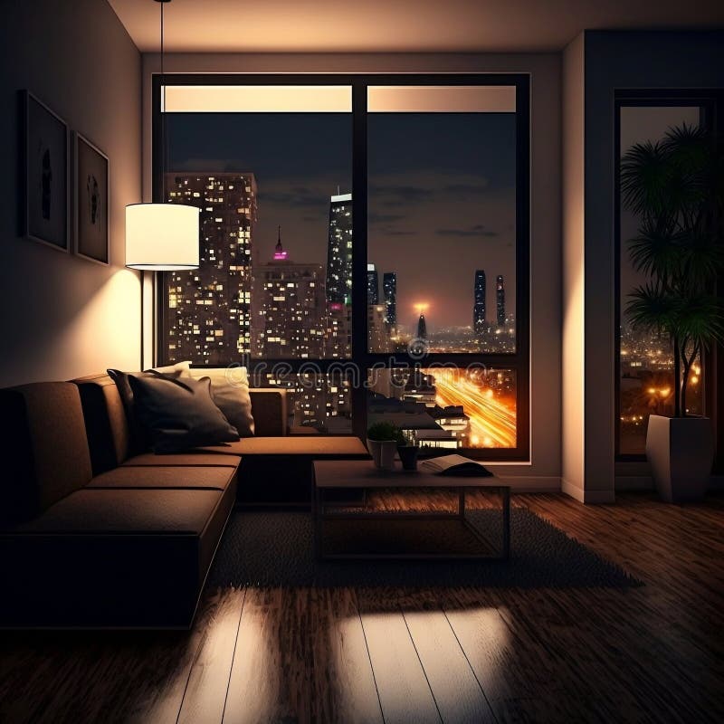 Modern Apartment Interior with Furniture and Glass Window Night City View in the Living Room. Generative AI