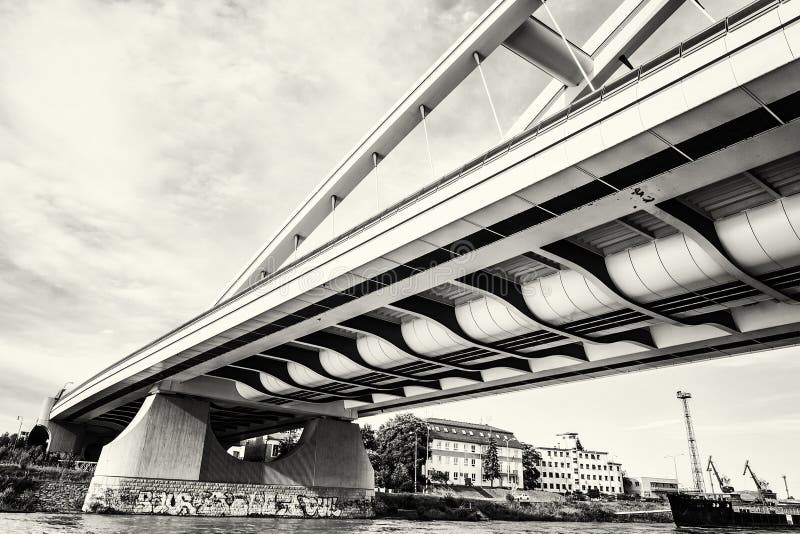 Modern Apollo bridge in Bratislava, Slovakia, black and white ph