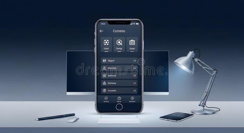 Modern App Interface on Smartphone Display with Office Desk Setup, Computer and Lamp stock photos